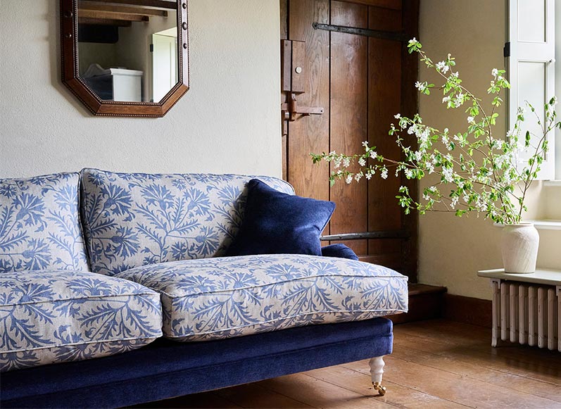 2 Coates 3 Seater Sofa in Mohair Indigo with Seat and Back Cushions in Gertrude Jekyll Meadow Flower Blue